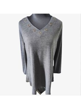 DOMANI Cotton Blend Tunic Top V Neck 3/4 Sleeve Grey Size XL NWT